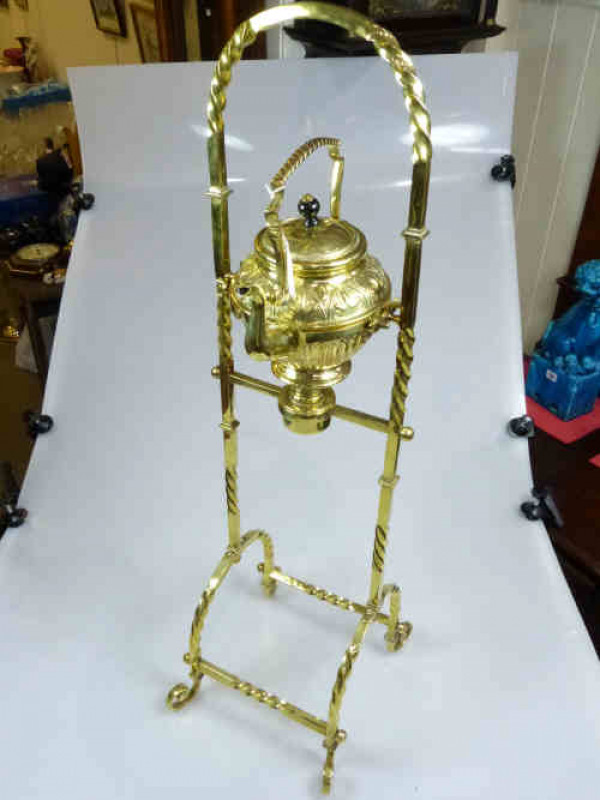 Ornate Brass Spirit Kettle and Burner on Stand