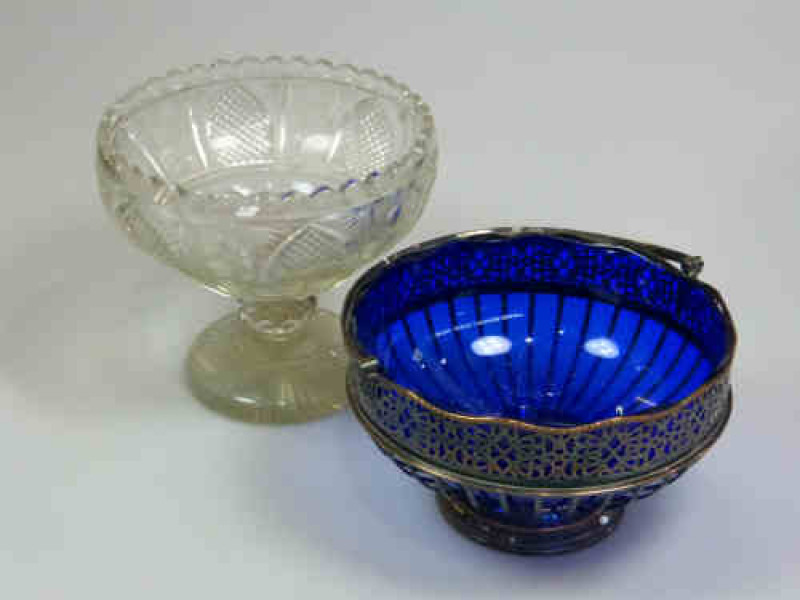 Cut Glass Pedestal Bowl and Silver Plated Bowl with Blue Glass Liner