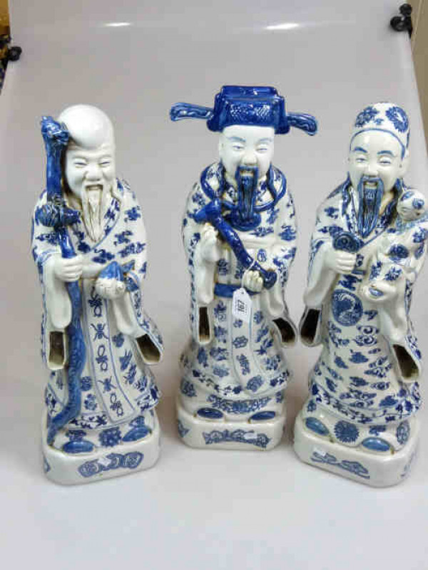 Three Chinese Blue and White Figures of Scholars
