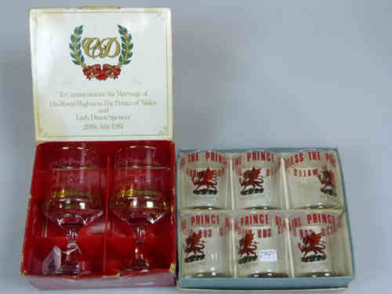 Boxed Royal Wedding Goblets 1981 and Set of Six Prince of Wales Investiture 1969 Glasses, Boxed