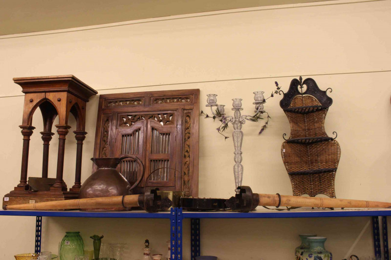 Gothic style stand by C. Bull, Dublin, copper measure, brass jam pan, banjo, corner stand, candle stand and pair of wall candle holders