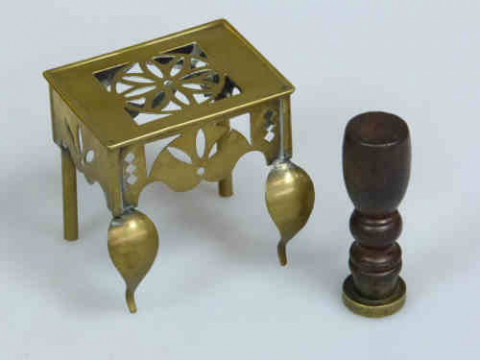Brass Seal with Turned Wood Handle and Miniature Brass Footman