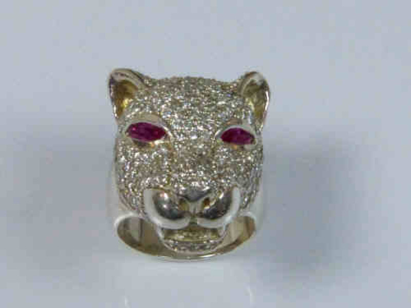 Panthers Head Ring, Encrusted with White Stones and the Eyes Picked Out with Red Stones, Size W