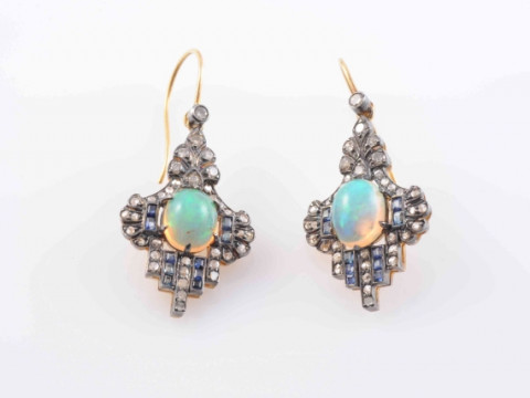 A PAIR OF LATE 19TH CENTURY OPAL AND DIAMOND EARRINGS, the oval cabochon...