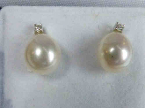 Pair of Cultured Pearl and Diamond Earrings, Mounted on 9ct White Gold