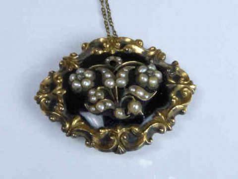 Victorian Gold, Enamel and Half Pearl Brooch Pendant with Locket of Hair...