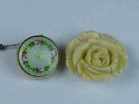 Vintage Enamel Tape Measure and a Brooch