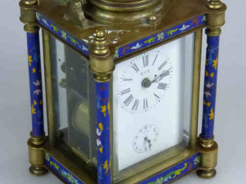 Brass and Cloisonne Carriage Clock with Alarm and Repeater, the Dial Signed...