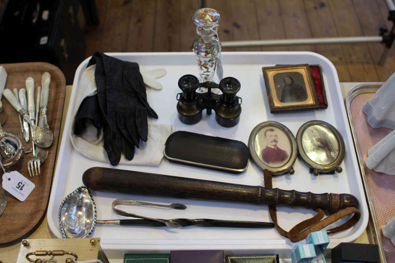 Tray lot with Victorian truncheon, tody ladle, old photographs, etc