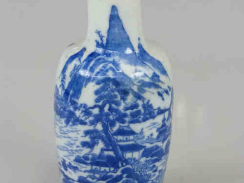 Oriental Blue and White Vase with mountain and pagoda decoration, 29.5cm...