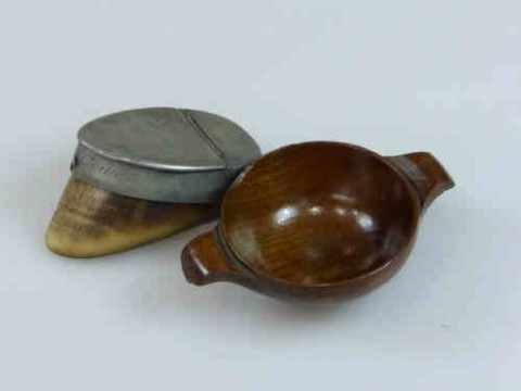 Scottish Horn and Pewter Snuff Box and a Treen Quaich