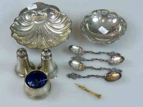 Three Silver Condiments, Shell Butter Dish, Small Bowl, Four Norwegian...