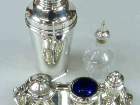 Three Silver Condiments, Silver Plated Tray, Cocktail Shaker and Crystal...