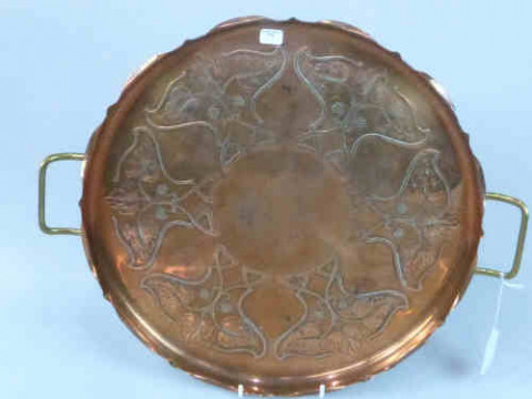 Arts and Crafts Two-handled Copper Circular Tray with embossed grape and...