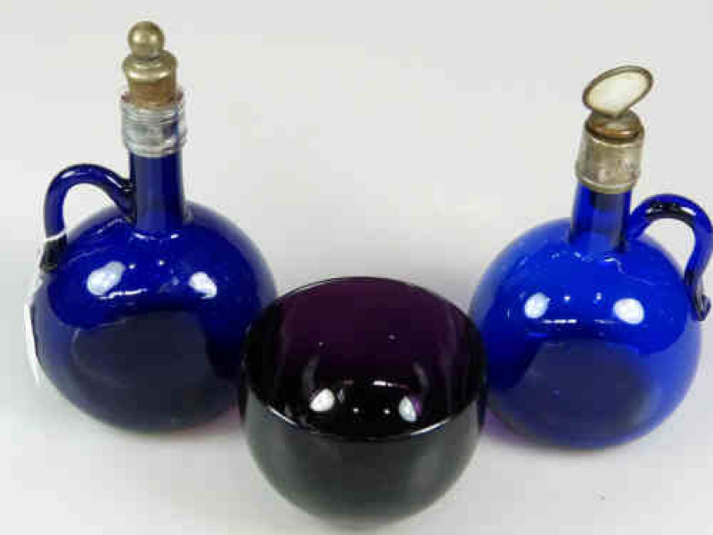Pair 19th Century Bristol Blue Claret Decanters and an Amethyst Finger Bowl
