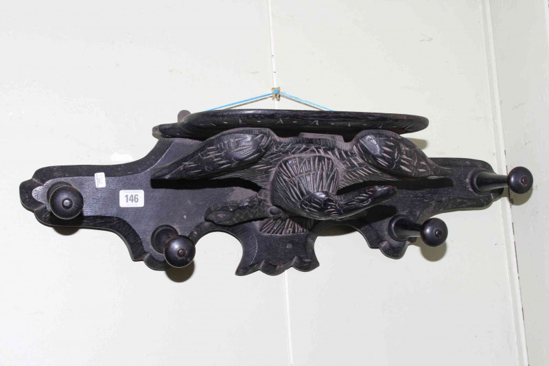 19th Century carved oak eagle wall bracket, with four coat pegs