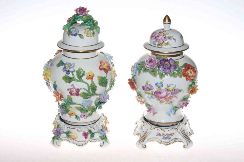 Two Dresden floral encrusted vases, covers and stands