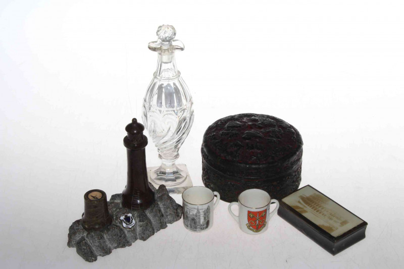 Chinese box, early 19th Century vinegar bottle, two miniature crested cups, etc