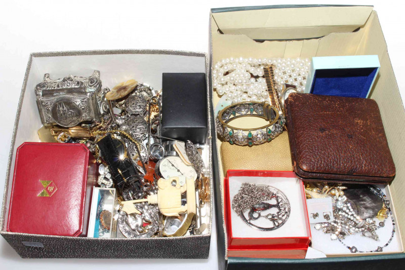 Costume jewellery, watches, Indian ivory chess piece, circa 1900; etc (two boxes)