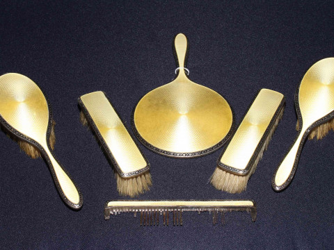 Silver and yellow enamel dressing table set