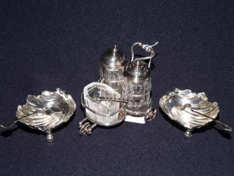 Edwardian silver-plated novelty cruet and a pair of plated salts with...