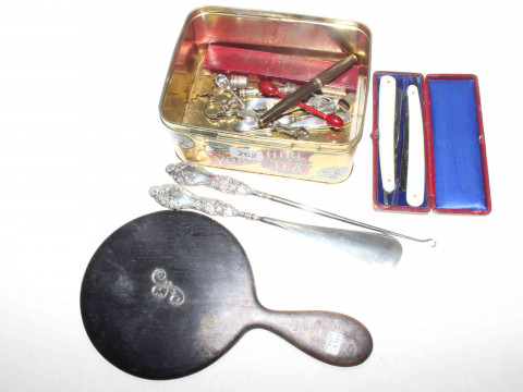 Cut-throat razors, silver sugar nips, Parker pen, etc