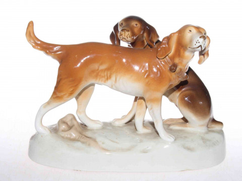 Royal Dux group of two hounds