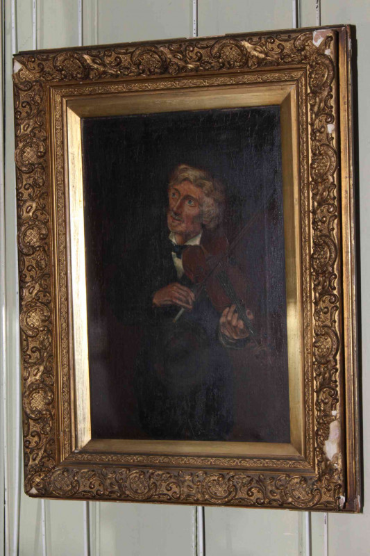 European School, The Violinist, oil on canvas, framed