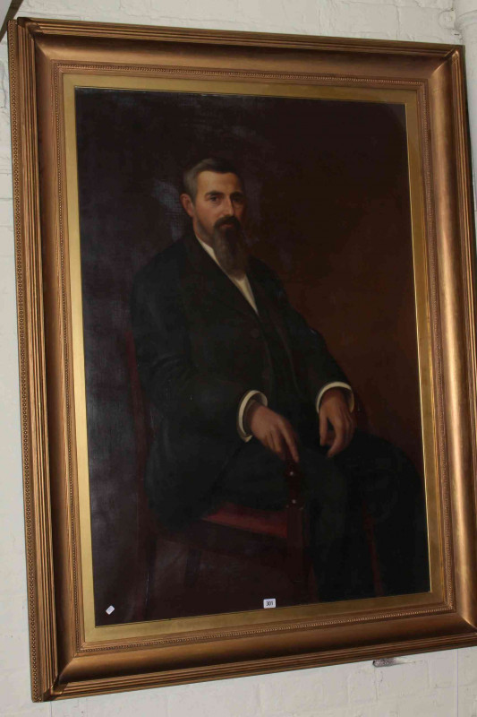 Very large Victorian or Edwardian portrait of a gentleman, in a gilt frame under glass, overall 163cm by 121cm