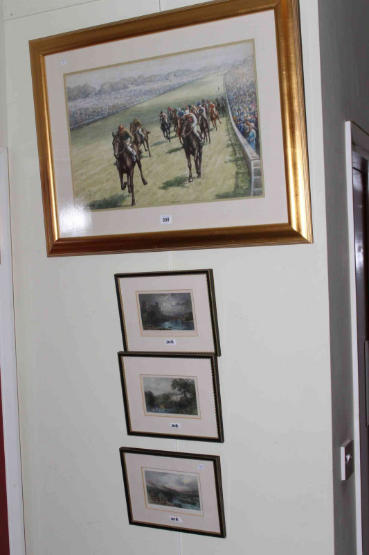 Tom Whitehead, Derby Winner, signed and dated 1948, watercolour, framed; and three 19th Century engravings (4)