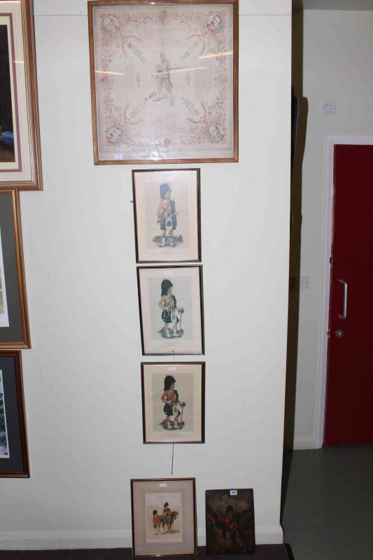 Naive oil on panel of a Seaforth Highlander, Daily Mail Absent Minded Beggar print, and four Seaforth Highlanders prints (6)