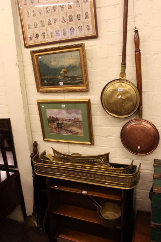 Two open bookshelves, copper and brass warming pans, two brass fenders, irons, two jam pans, chestnut roaster, various pictures, etc