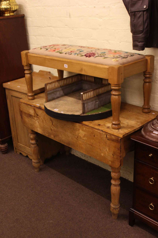 Turned leg pin drop leaf table, needlework top stool and pot cupboard