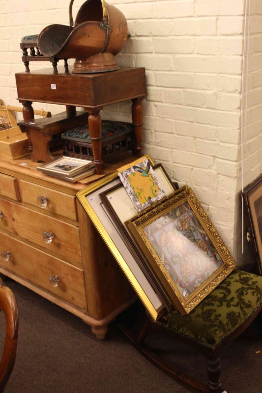 Victorian mahogany stool commode, three stools, rocking chair, copper scuttle, pine cutlery tray, pictures, rug and wall hanging