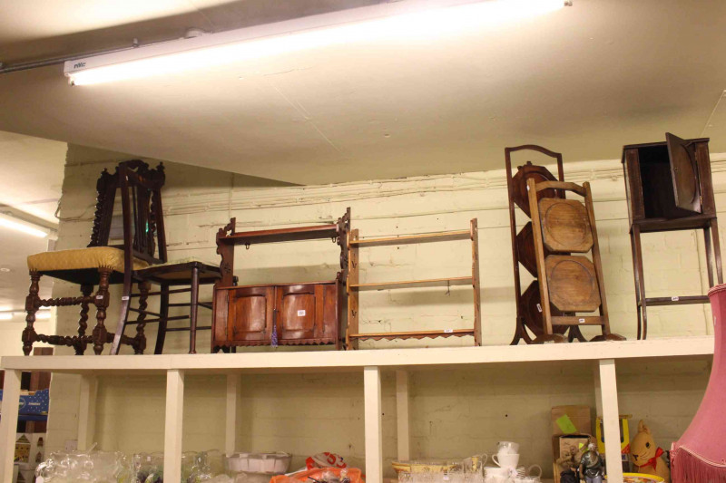 Oak and mahogany cakestands, small mahogany cupboard, wall cabinet, wall shelves, bedroom chair and hall chair (7)