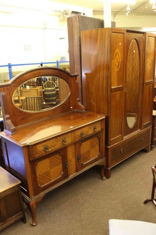 Inlaid mahogany mirror door wardrobe and mahogany mirror back sideboard