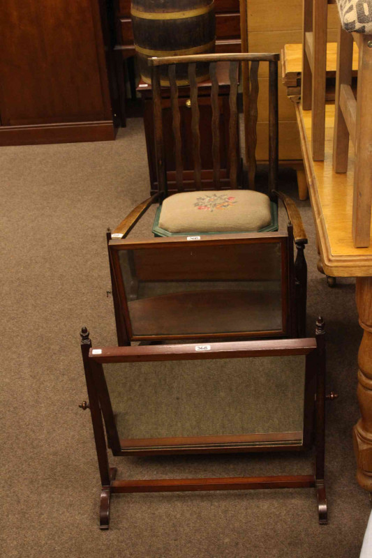 Two mahogany toilet mirrors, cane seat armchair and needlework topped box stool