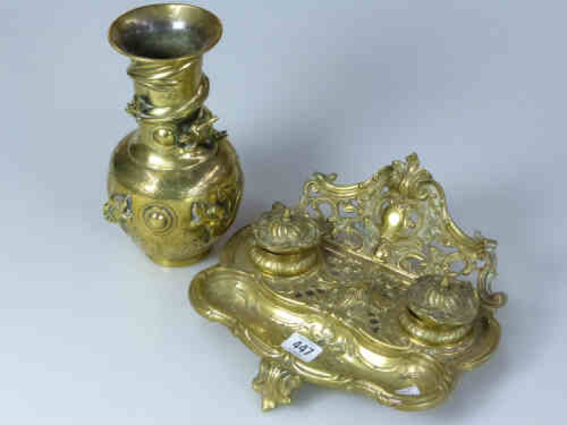 Brass Inkwell and Oriental Brass Vase (2)