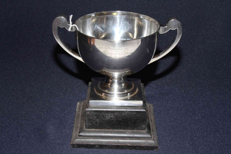 George V silver two-handled bowl, Chester 1923, on stand, engraved, 13oz of silver