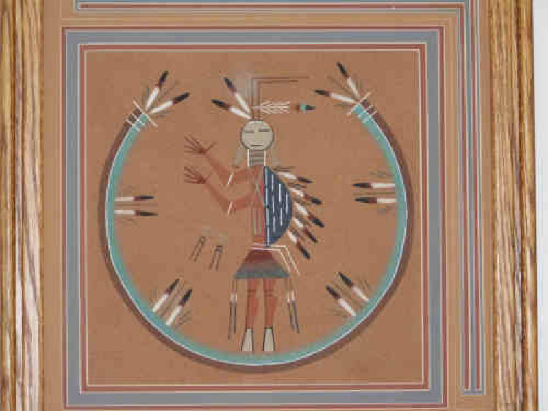 Framed American Folk Art Sand Painting 'North American Indian', 29cm x 29cm