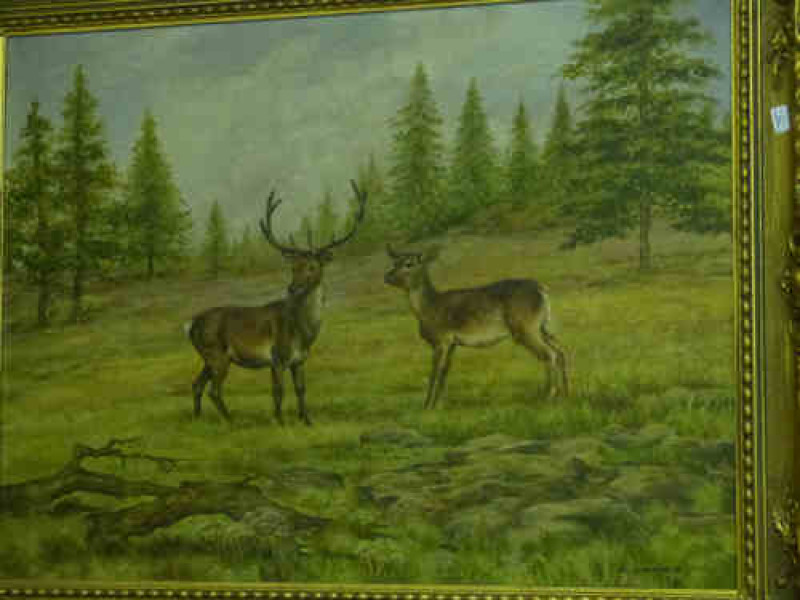 E Bailes 1993, Stag and Fawn, oil painting on canvas, framed