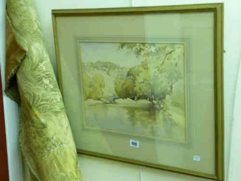 Unsigned 'Figures by a Country River' and an Unframed Tapestry