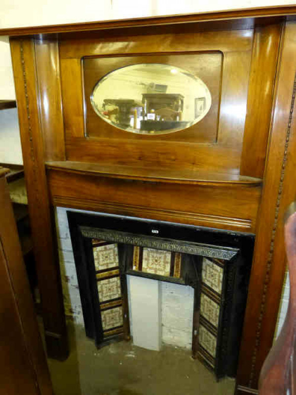 Victorian Cast and Tiled Fireplace, Walnut Mirror Backed Fire Surround and Brass Rail Kerb (3)