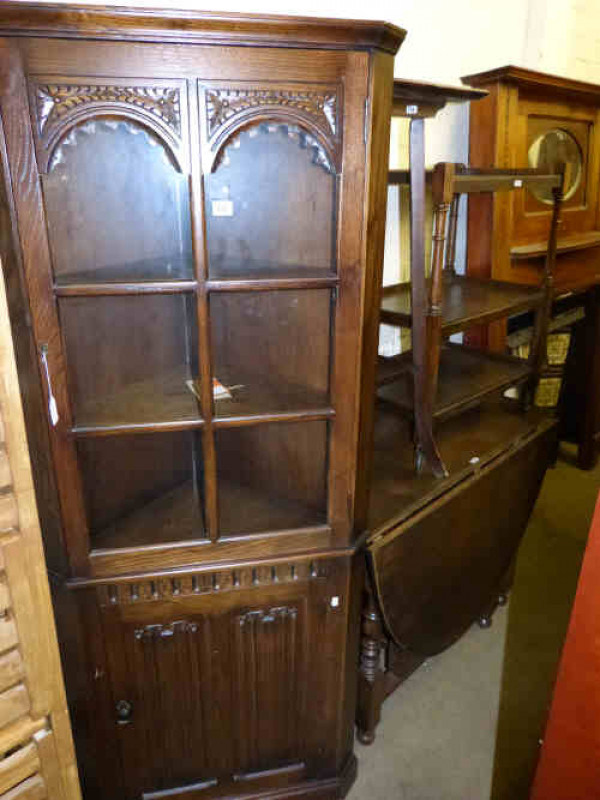 Waring and Gillows Oak Glazed Door Top Double Corner Cabinet, Oak Gateleg Dining Table, Three-tier Dinner Wagon and Plant Stand (4)