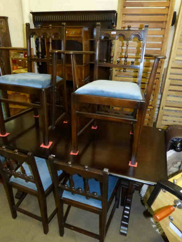 Ercol Rectangular Dining Table, Six Chairs and Shelf Back Dresser