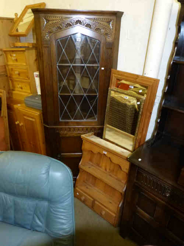 Carved Oak Glazed Door Top Double Corner Cabinet, Reprodux Mahogany Side Cabinet, Two Mirrors and Pine Wall Shelf (5)