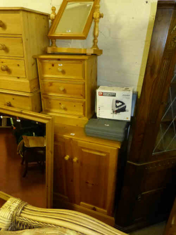 Pine Computer Cabinet, Three Drawer Pedestal Chest, Toilet Mirror and Pine Framed Wall Mirror (4)