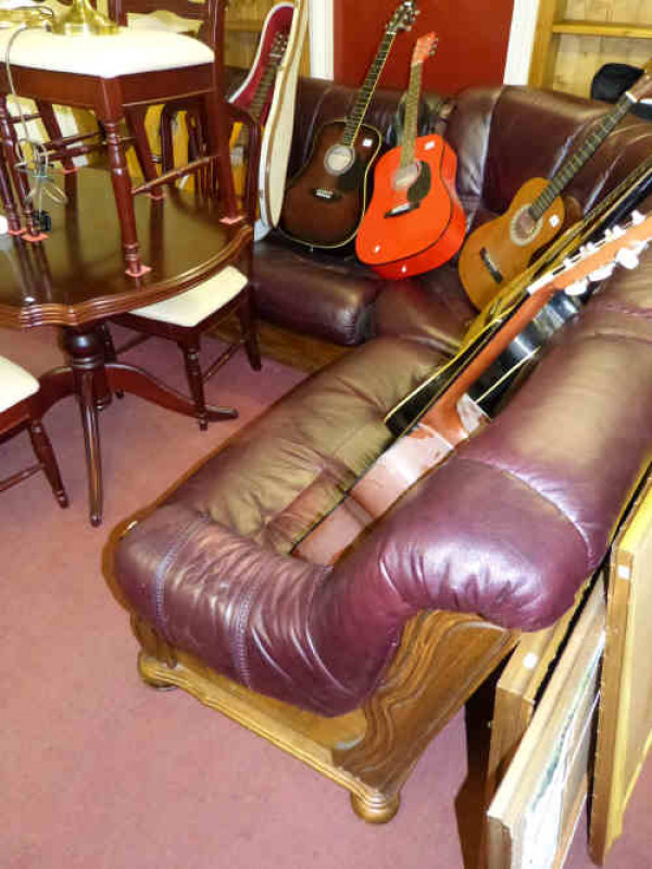 Burgundy Leather and Oak Framed Corner Lounge Suite and Globe Cocktail Cabinet