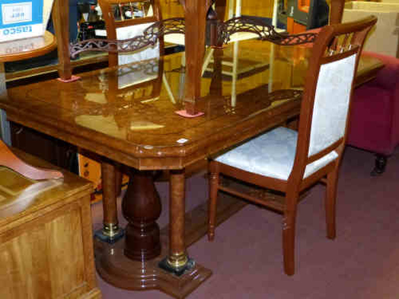 Lacquered Burr Walnut Finish Rectangular Pedestal Dining Table and Six Chairs