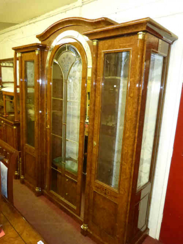 Lacquered Burr Walnut Finish Inverted Breakfront Triple Glazed Door Arched Top Display Cabinet